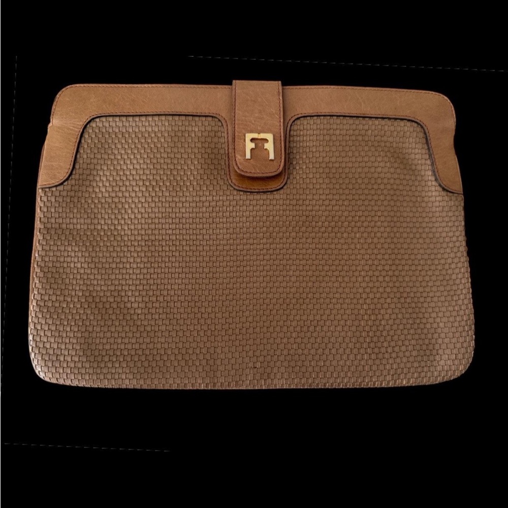 Salvatore Ferragamo Vintage Woven Leather Clutch Brown Gold Hardware